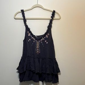Free People ruffle tank with embroidery. Size Medium